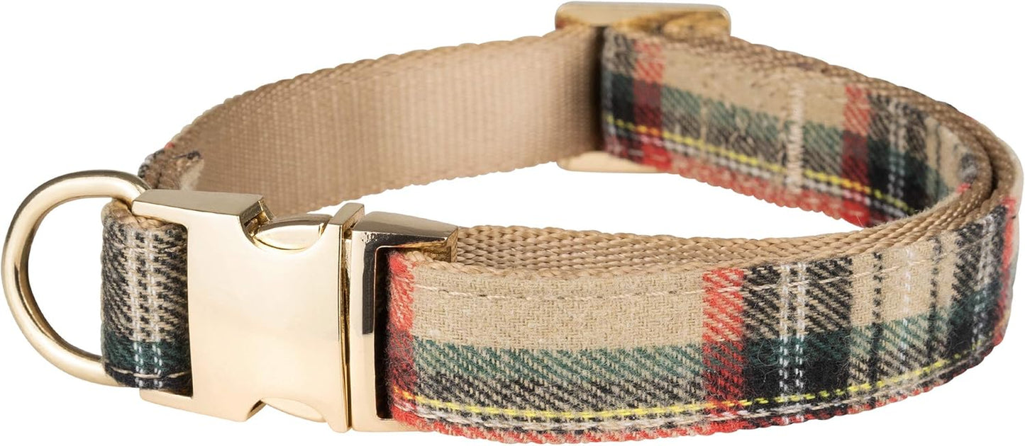 Scottish Tartan Bowtie Dog Collar & Leash Set with Detachable Bow Tie for Girl or Boy Dogs Comfortable Plaid Pattern, Fully Adjustable, Great Pet Gift (XS, Beige)