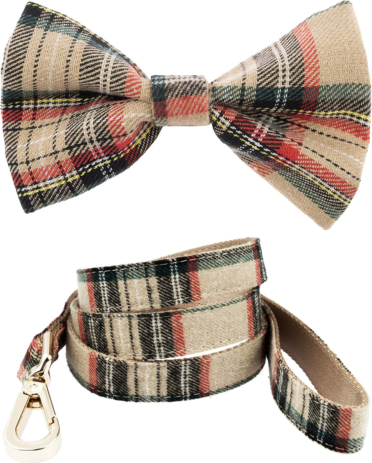Scottish Tartan Bowtie Dog Collar & Leash Set with Detachable Bow Tie for Girl or Boy Dogs Comfortable Plaid Pattern, Fully Adjustable, Great Pet Gift (XS, Beige)