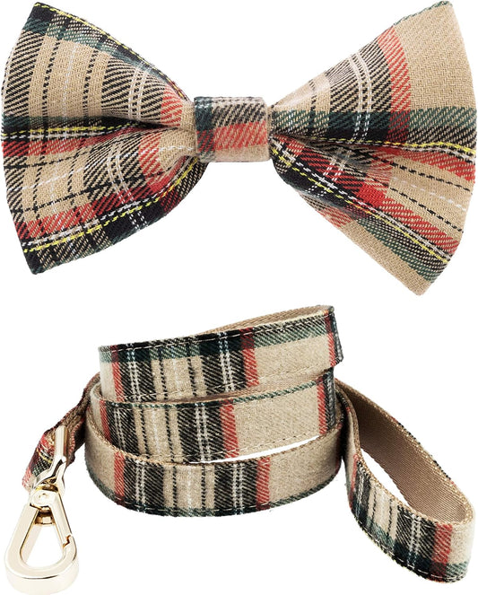 Scottish Tartan Bowtie Dog Collar & Leash Set with Detachable Bow Tie for Girl or Boy Dogs Comfortable Plaid Pattern, Fully Adjustable, Great Pet Gift (XS, Beige)